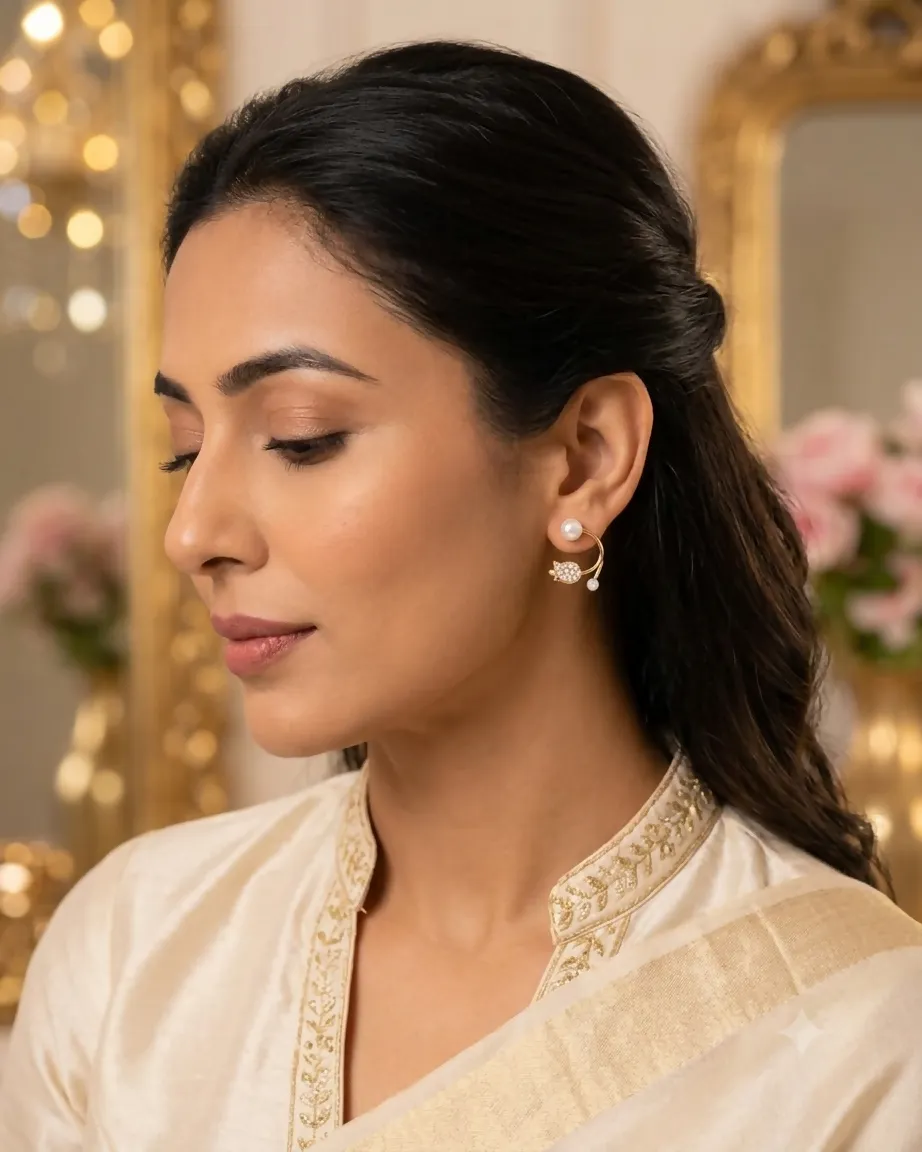 Gold-Tone Pearl & Crystal Tulip Ear Cuff Earrings for Women Elegant Floral Open Hoop Statement Earrings - Detailed Feature View 3