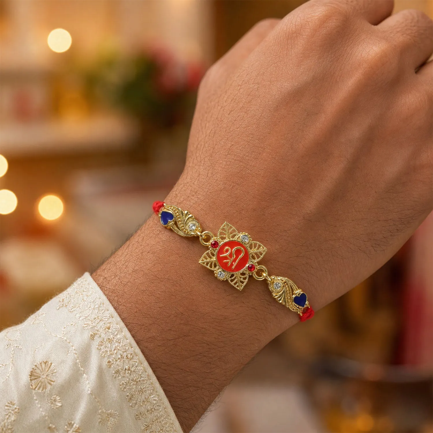 Festive Rakhi featuring Shri Plaque, leaf detail and thread style for Product Display - Detailed Feature View 1