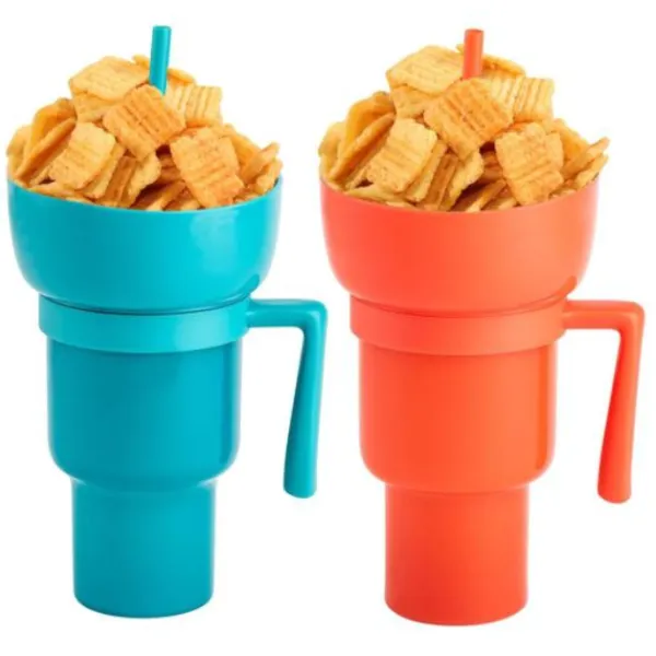 Premium 2-in-1 Snack Bowl & Drink Cup with Straw – Portable Stadium Tumbler for Snacks & Drinks, Travel & Home Use (Random color-Pack of 1) - Buy Online at Alikart