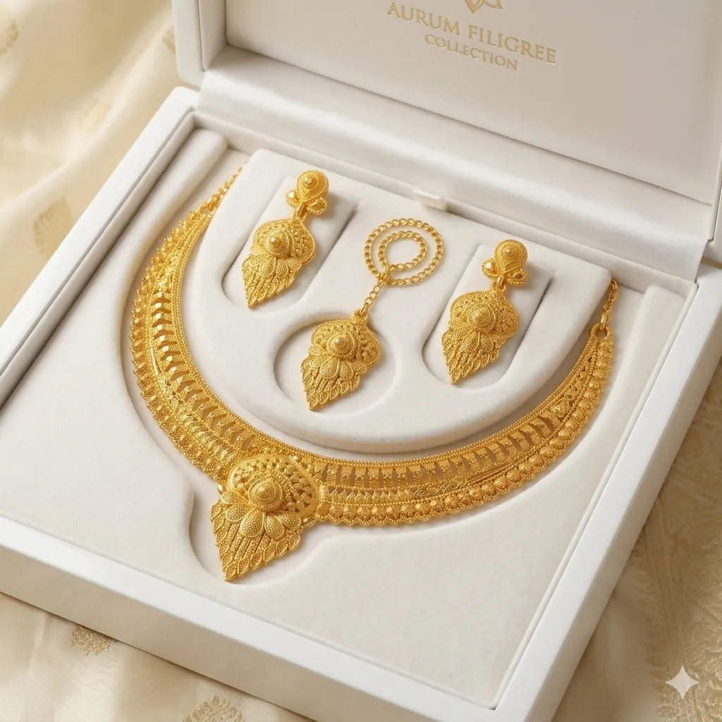 Traditional Gold Plated Haram Necklace Set with Earrings and Maang Tikka for Women - Detailed Feature View 6