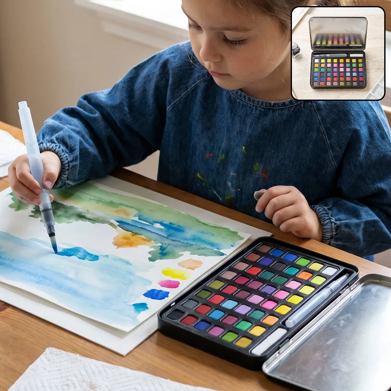 Premium Solid Watercolor Paint Palette Kit with Metal Storage Box and Water Brush (1 Set) - Buy Online at Alikart
