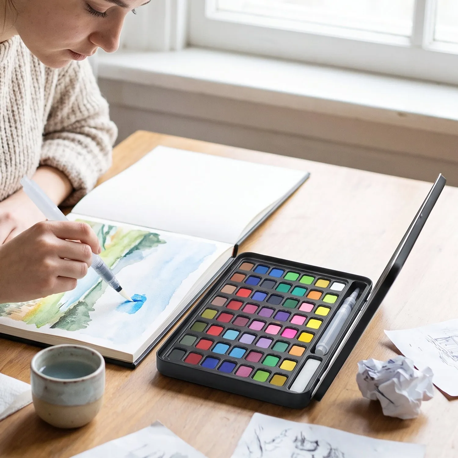 Solid Watercolor Paint Palette Kit with Metal Storage Box and Water Brush (1 Set) - Detailed Feature View 6
