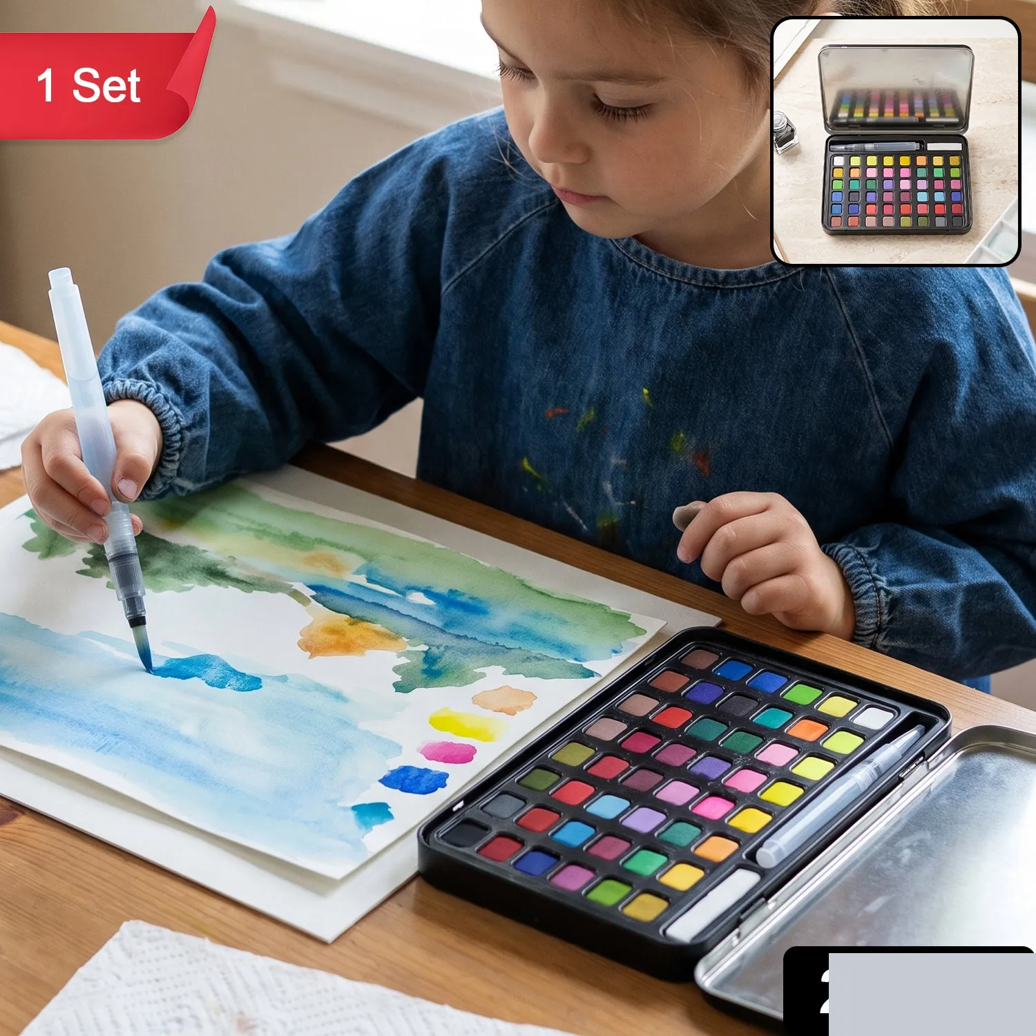 Solid Watercolor Paint Palette Kit with Metal Storage Box and Water Brush (1 Set) - Detailed Feature View 1