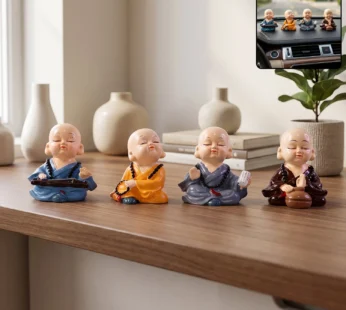 Little Monk Buddha Statue Set for Car Dashboard, Office Desk and Home Decor (4 Pc)