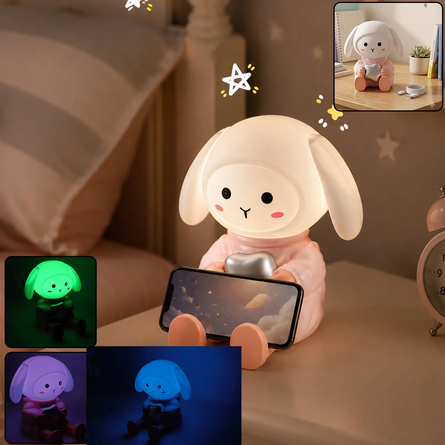 Premium Rabbit LED Night Light with Mobile Phone Stand for Bedroom and Study Table (1 Pc) - Buy Online at Alikart