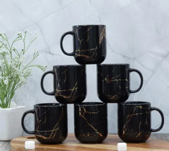 22k Liquid Gold Marble Design Ceramic Coffee Mug, Tea Cups, 180 ML, Pack of 6, Black