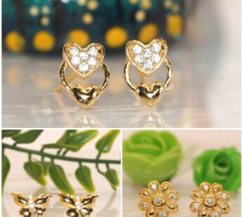 22K Gold Stud Earrings – Heart, Flower & Butterfly Designs Set
