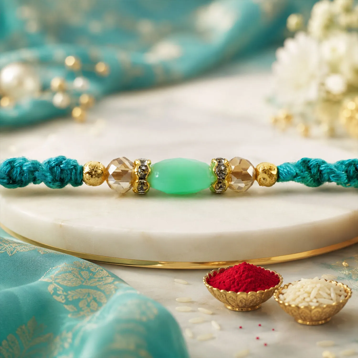 Premium Turquoise Macrame Rakhi – Mint Beads & Pearl Accents Bracelet - Buy Online at Alikart