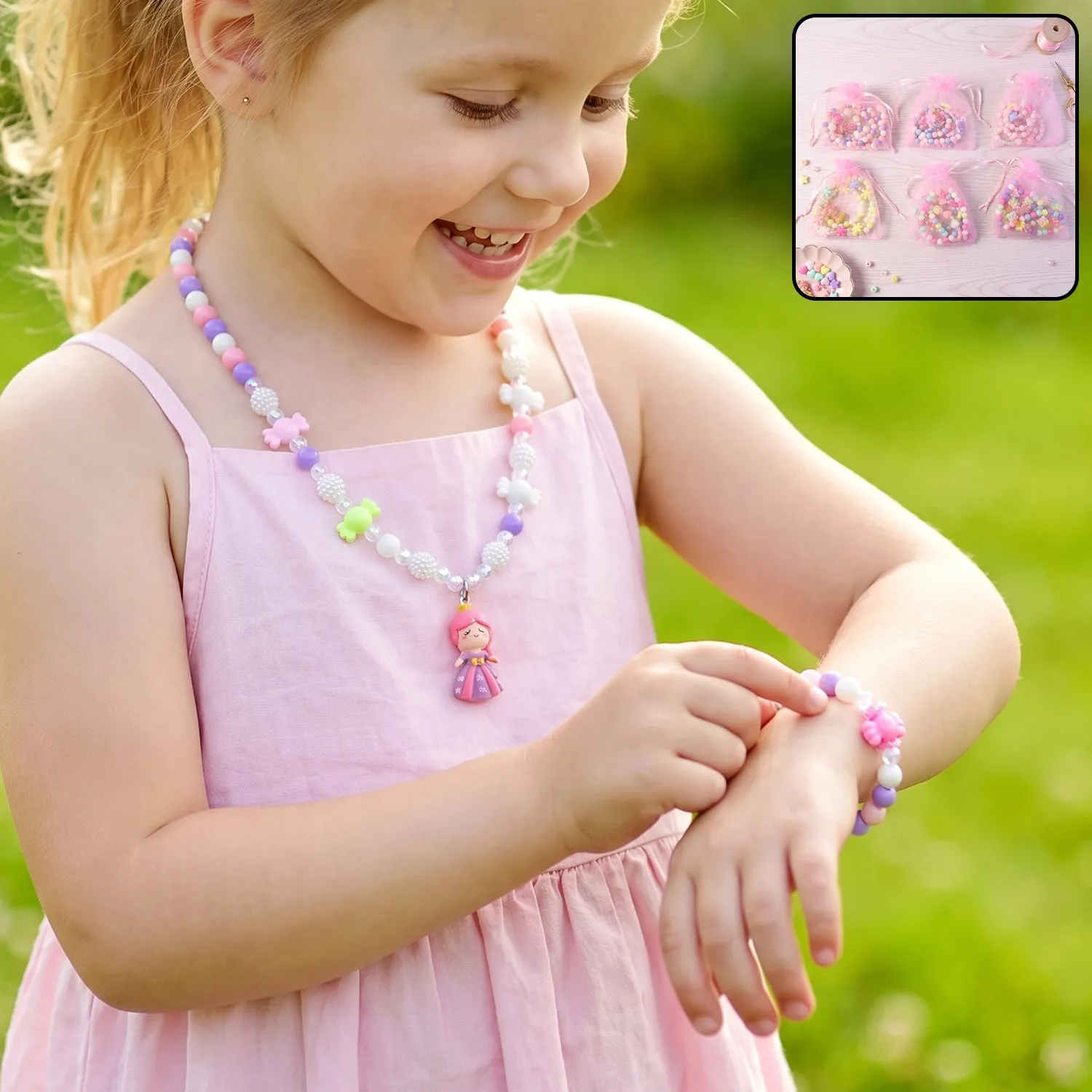 Premium Kids Bead Necklace and Bracelet Jewellery Set with Gift Box for Dress-Up (6 Pc) - Buy Online at Alikart