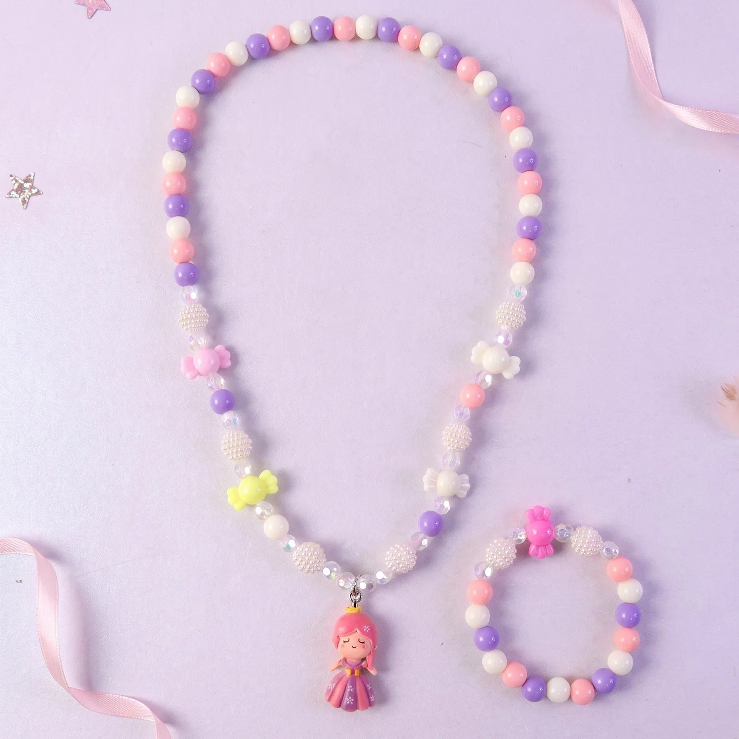 Kids Bead Necklace and Bracelet Jewellery Set with Gift Box for Dress-Up (6 Pc) - Detailed Feature View 7