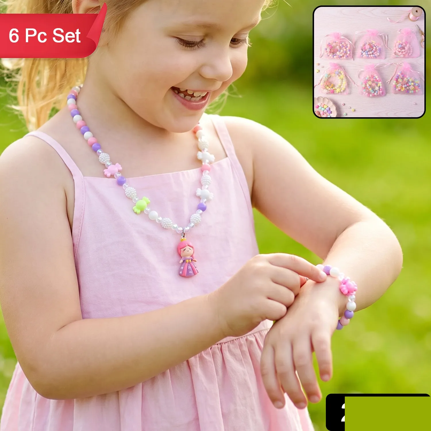 Kids Bead Necklace and Bracelet Jewellery Set with Gift Box for Dress-Up (6 Pc) - Detailed Feature View 1