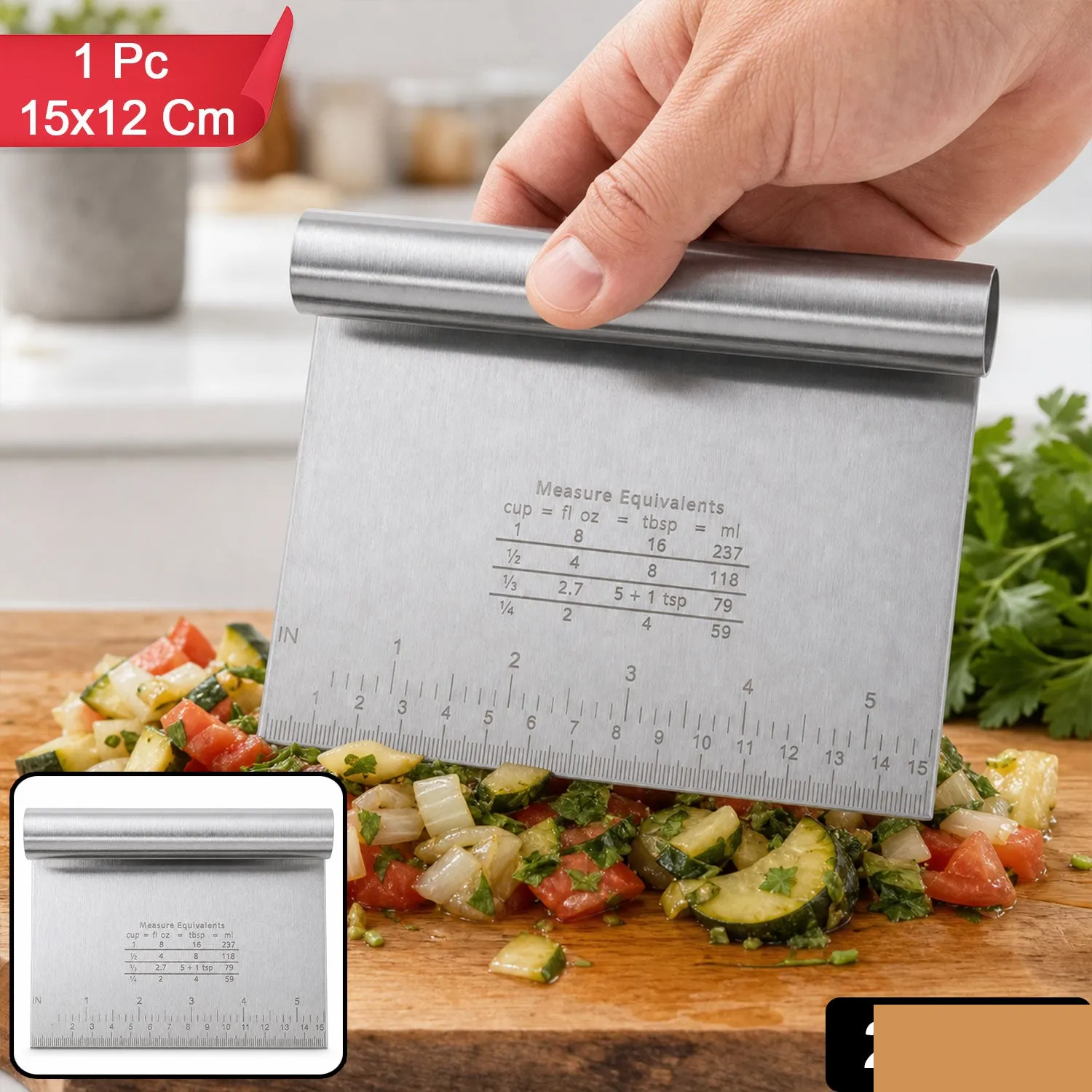 Small Stainless Steel Dough Scraper Cutter 15 x 12 Cm with Scale (1 Pc) - Detailed Feature View 1