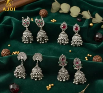 Oxidised Silver Jhumka Earrings Set – 4 Pairs with Intricate Stone Detailing