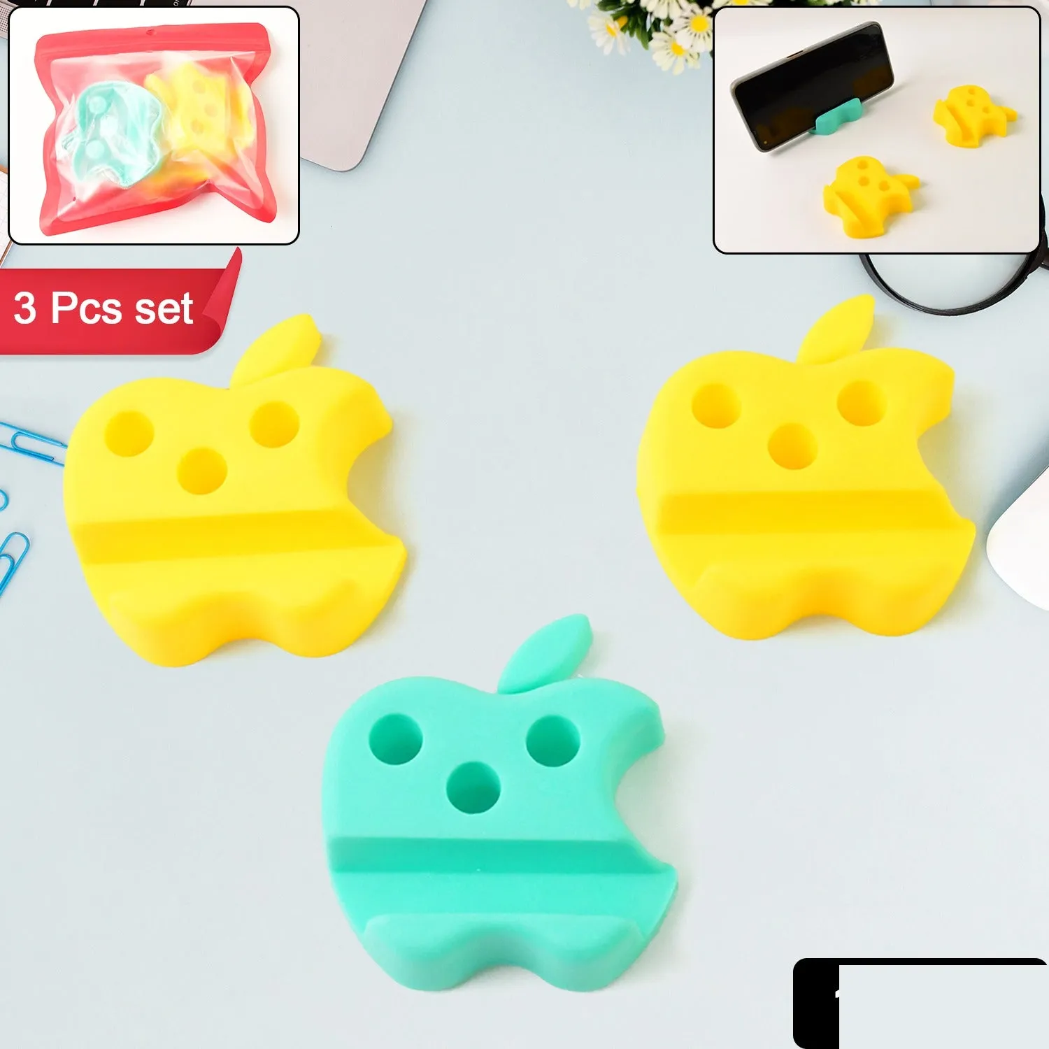 Mobile Stand with Pen Holder – Apple-Shaped Desk Organizer 3 Pc - Detailed Feature View 1