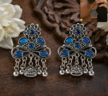 Oxidised Silver Jhumka Earrings with Blue Stones for Women and Girls Ethnic Wear
