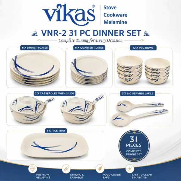 Vikas Elegant Melamine Dinnerware with Plates Bowls and Casseroles (Set of 31 Pcs)