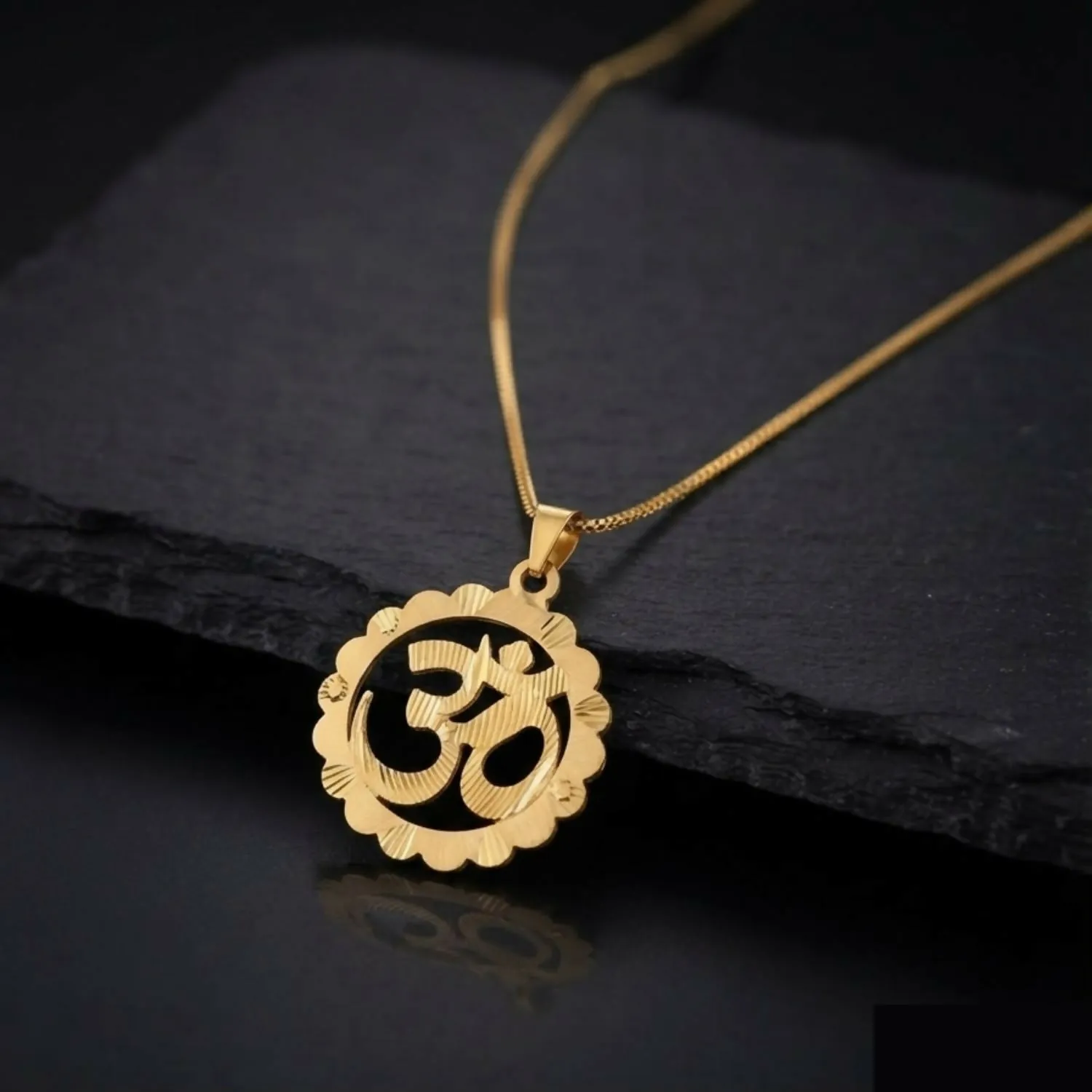 Premium Sacred Gold-Tone Om Pendant Necklace with Floral Border and Sleek Chain for Unisex - Buy Online at Alikart