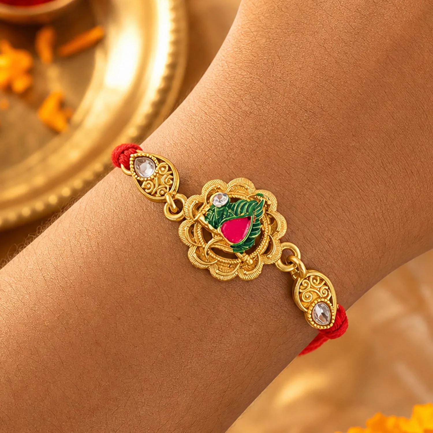 Premium Classic Rakhi with Shri Plaque, ornate work and thread style for Festive Display - Buy Online at Alikart