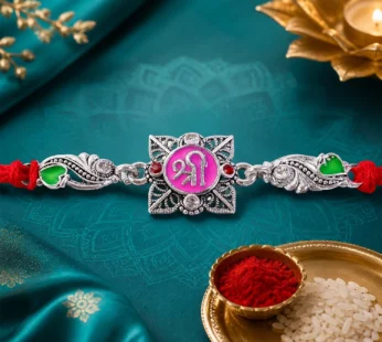 Silver-Toned Shree Rakhi with Pink Enamel, Crystal Accents & Designer Red Thread