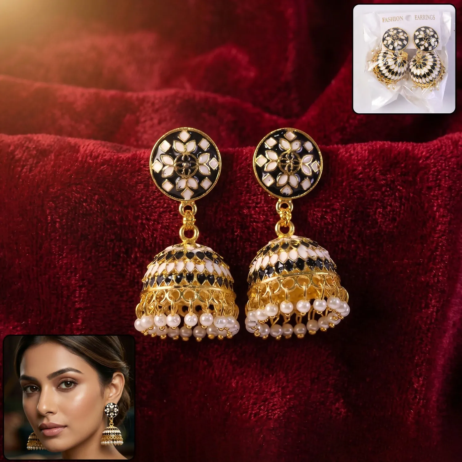 Premium Black Jhumka Earrings – Traditional Design with Pearl Beads - Buy Online at Alikart