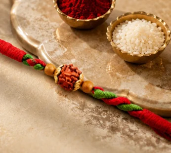 Designer Rakhi – Green Red with Golden Bead Accents