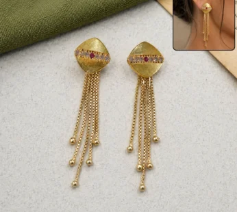 Gold Rhombus Dangle Earrings, Multi-Strand Chain Tassels & Pavé Gem…