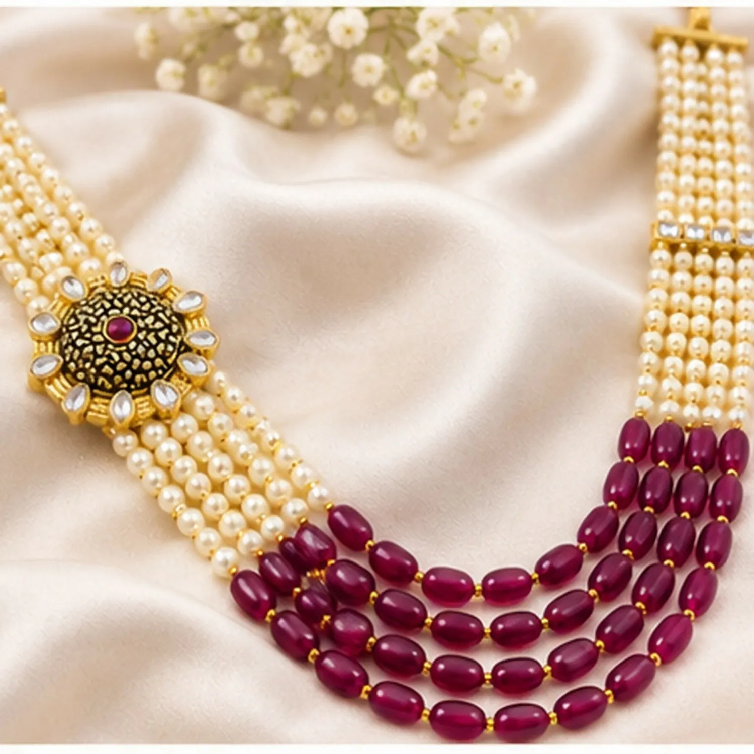 Pearl Beaded Ruby Stone Layered Necklace Set with Antique Pendant Design - Detailed Feature View 3