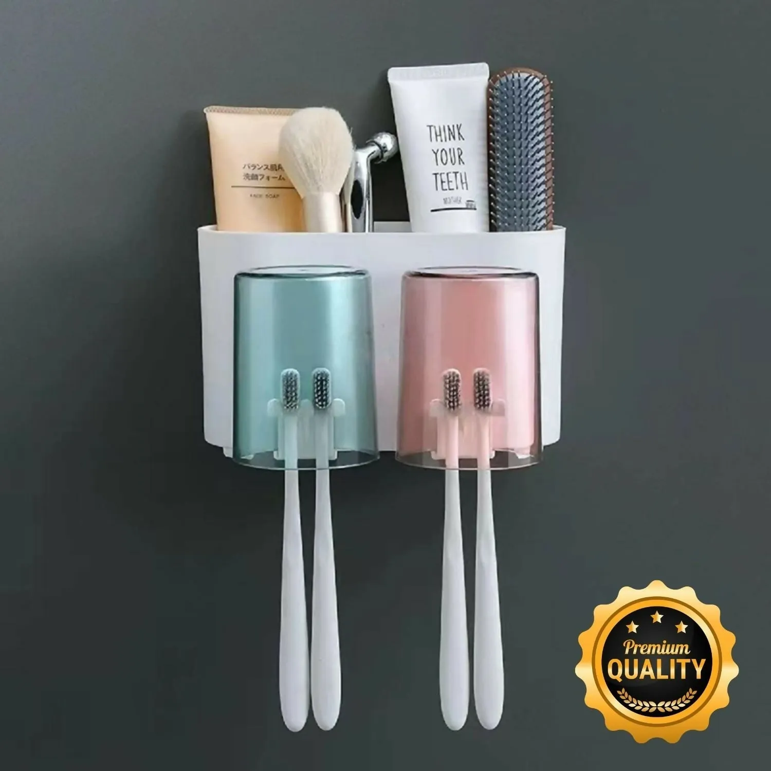 Premium Wall Mounted Toothbrush Holder with 2 Cups Bathroom Organizer Storage Rack No Drill - Buy Online at Alikart