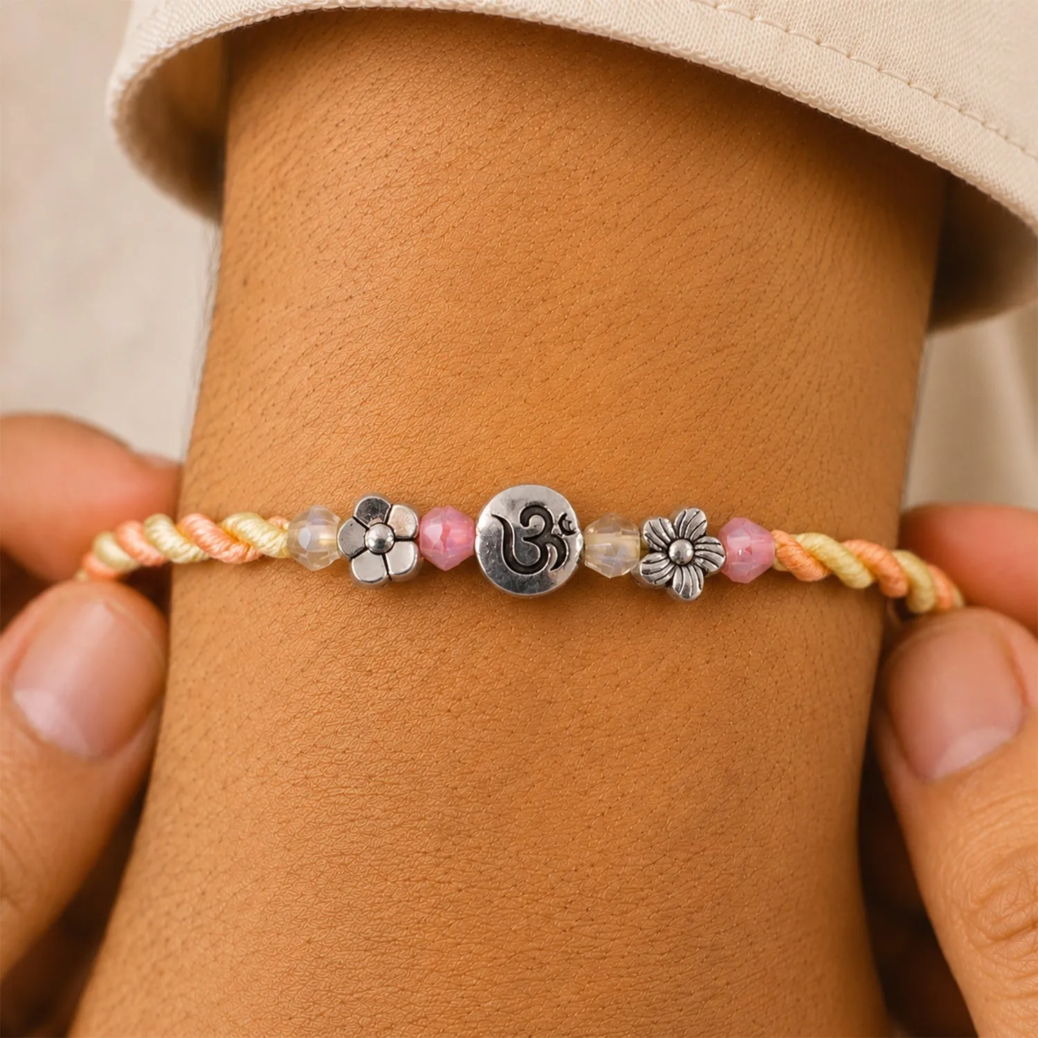 Pastel Bracelet Rakhi – Silver Centre & Delicate Design - Detailed Feature View 2