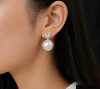 Gold Plated Pearl Drop Earrings with American Diamond CZ Stud for Women and Girls
