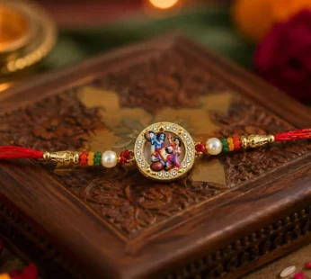 Divine Radha Krishna Enamel Dial Rakhi with Kundan & Pearl Accents