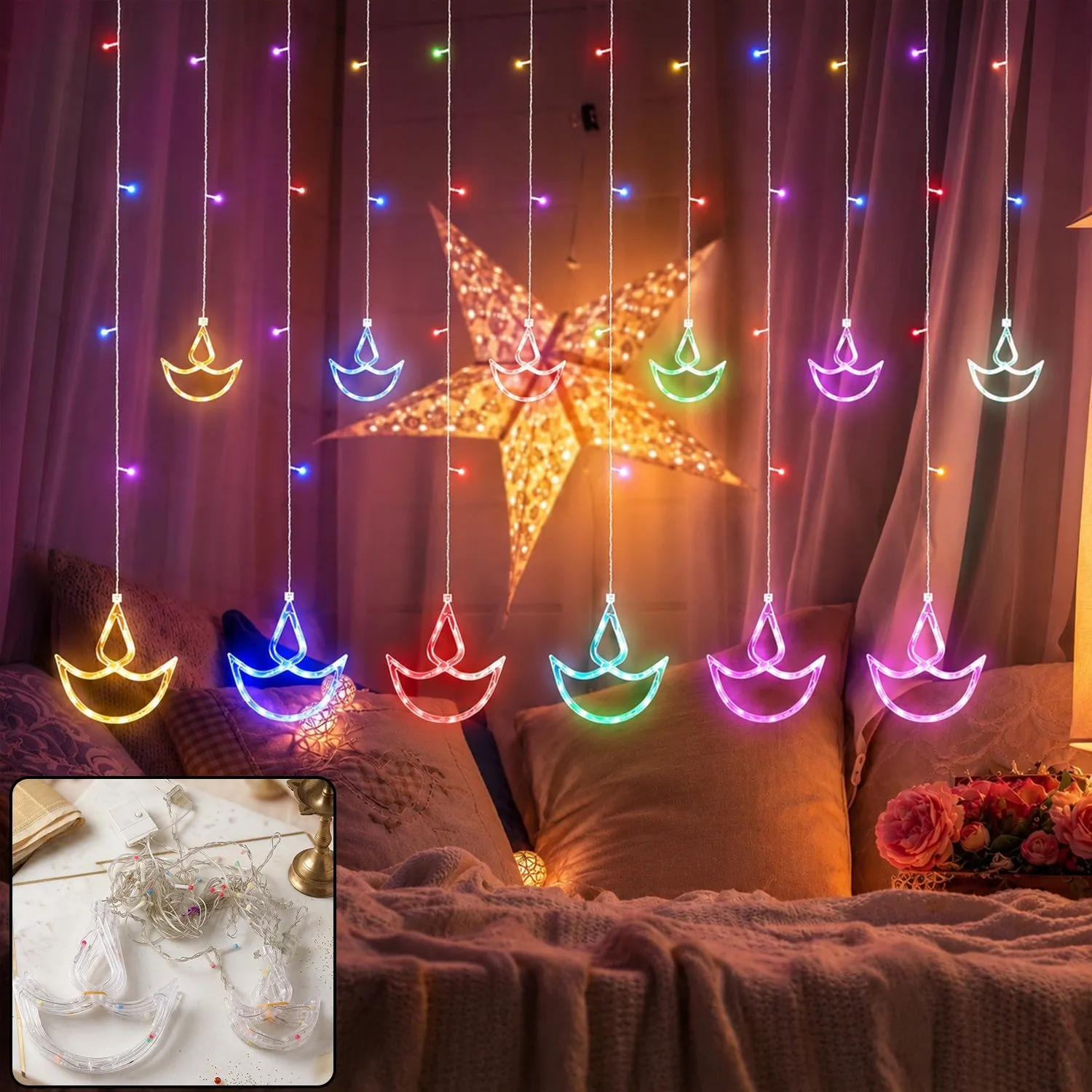 Premium 12 Diya Multicolour LED Curtain String Light for Diwali Decoration (1 Set) - Buy Online at Alikart