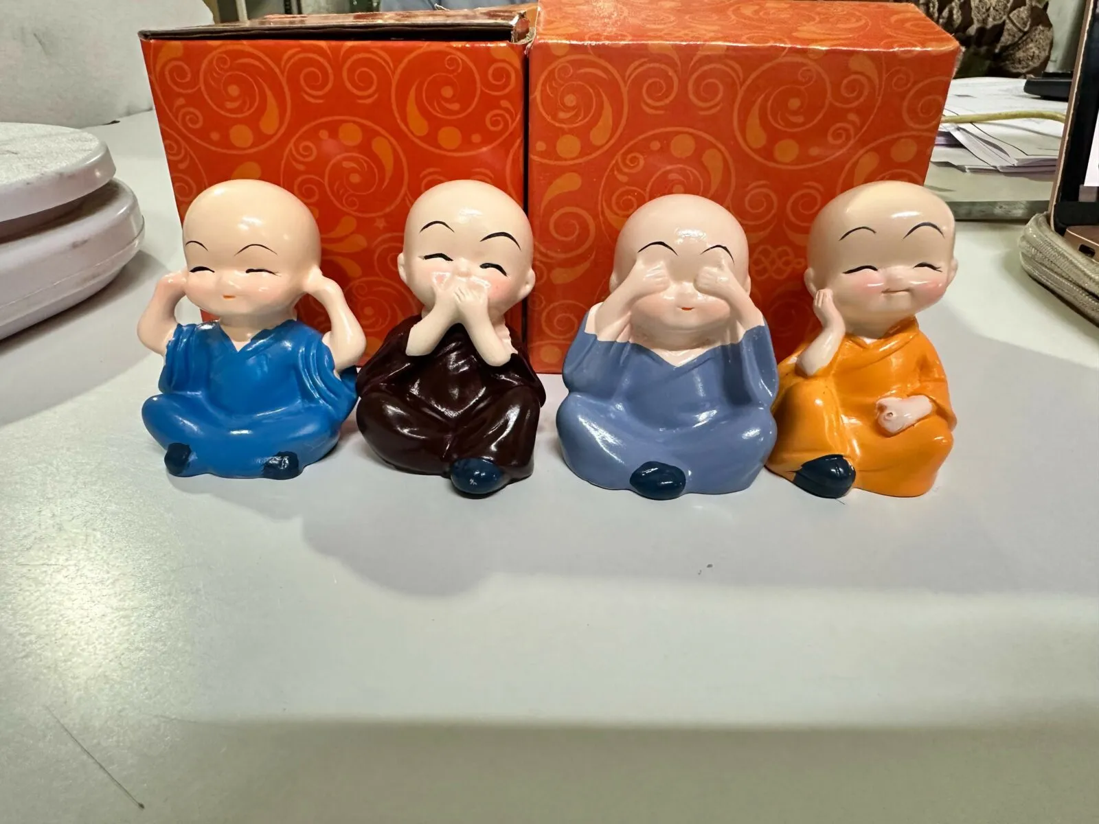 Set of 4 Cute Mini Monk Showpieces for Home Decor, Car Dashboard & Desk - Detailed Feature View 5