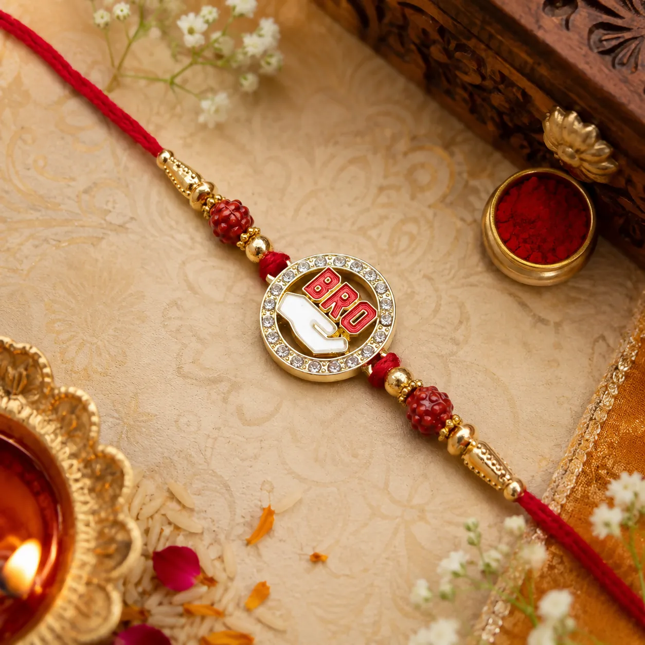 Premium Trendy Golden Circular "BRO" Emblem Rakhi for Brother with Rhinestones & Red Carved Beads - Buy Online at Alikart