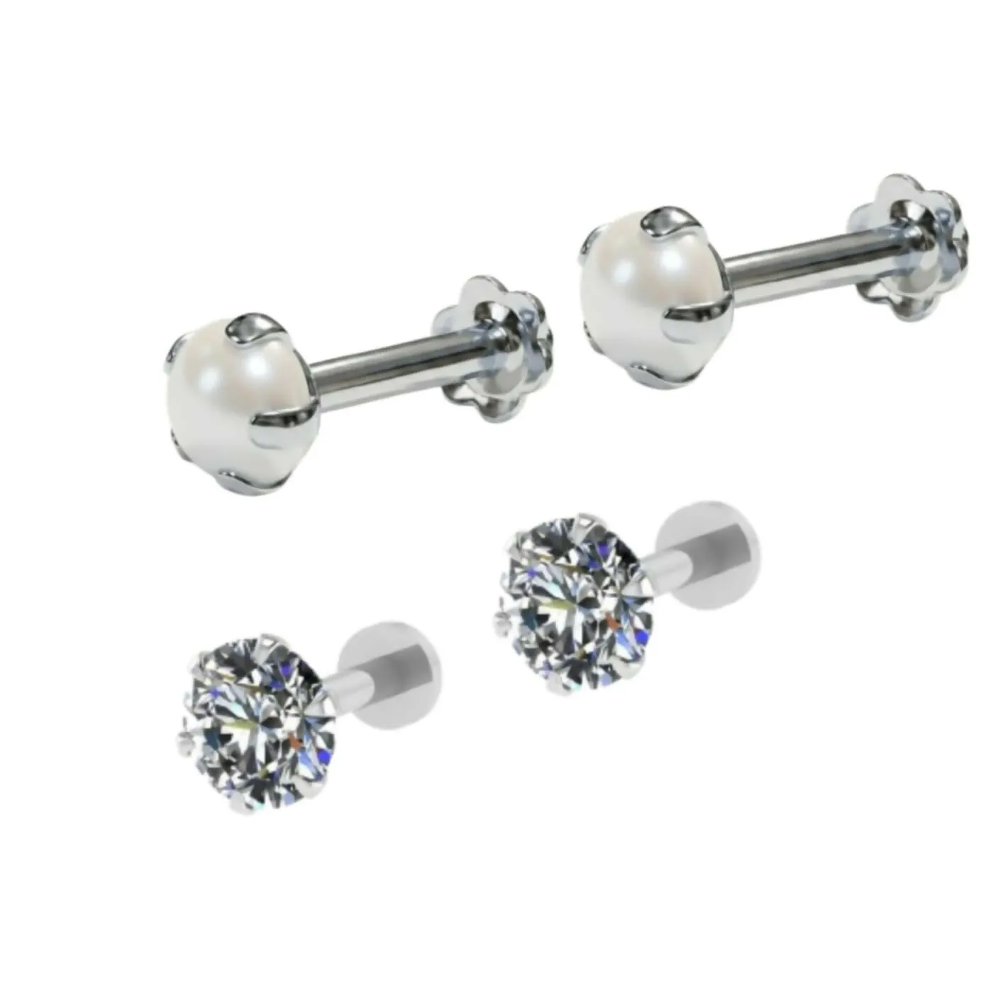 Gold, silver plated Pearl and AD Flat Back Stud Earrings Combo Pack of 4 - Detailed Feature View 6