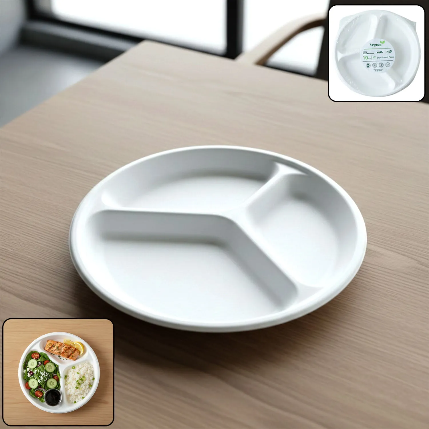 Premium Compostable 10 Inch 3-Compartment Bagasse Plate – Leak-Resistant & Eco-Friendly - Buy Online at Alikart