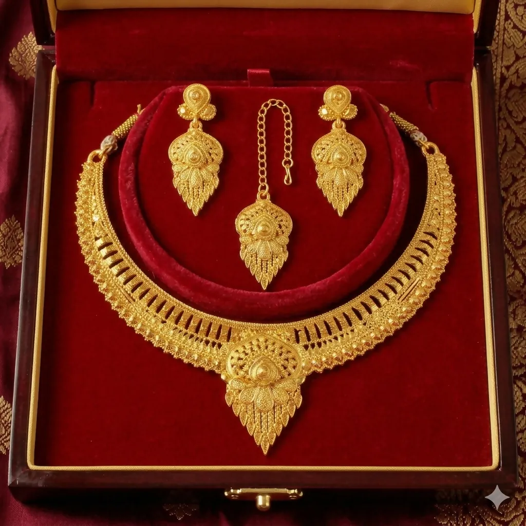 Traditional Gold Plated Haram Necklace Set with Earrings and Maang Tikka for Women - Detailed Feature View 3