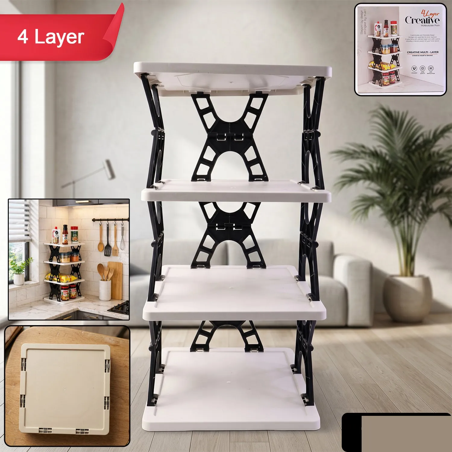 Multipurpose Foldable 4 Layer Storage Rack – Space Saving Organizer - Detailed Feature View 2