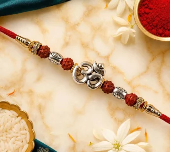Spiritual Om Rudraksha Rakhi – Sacred Silver Designer for Brother for Raksha Bandhan