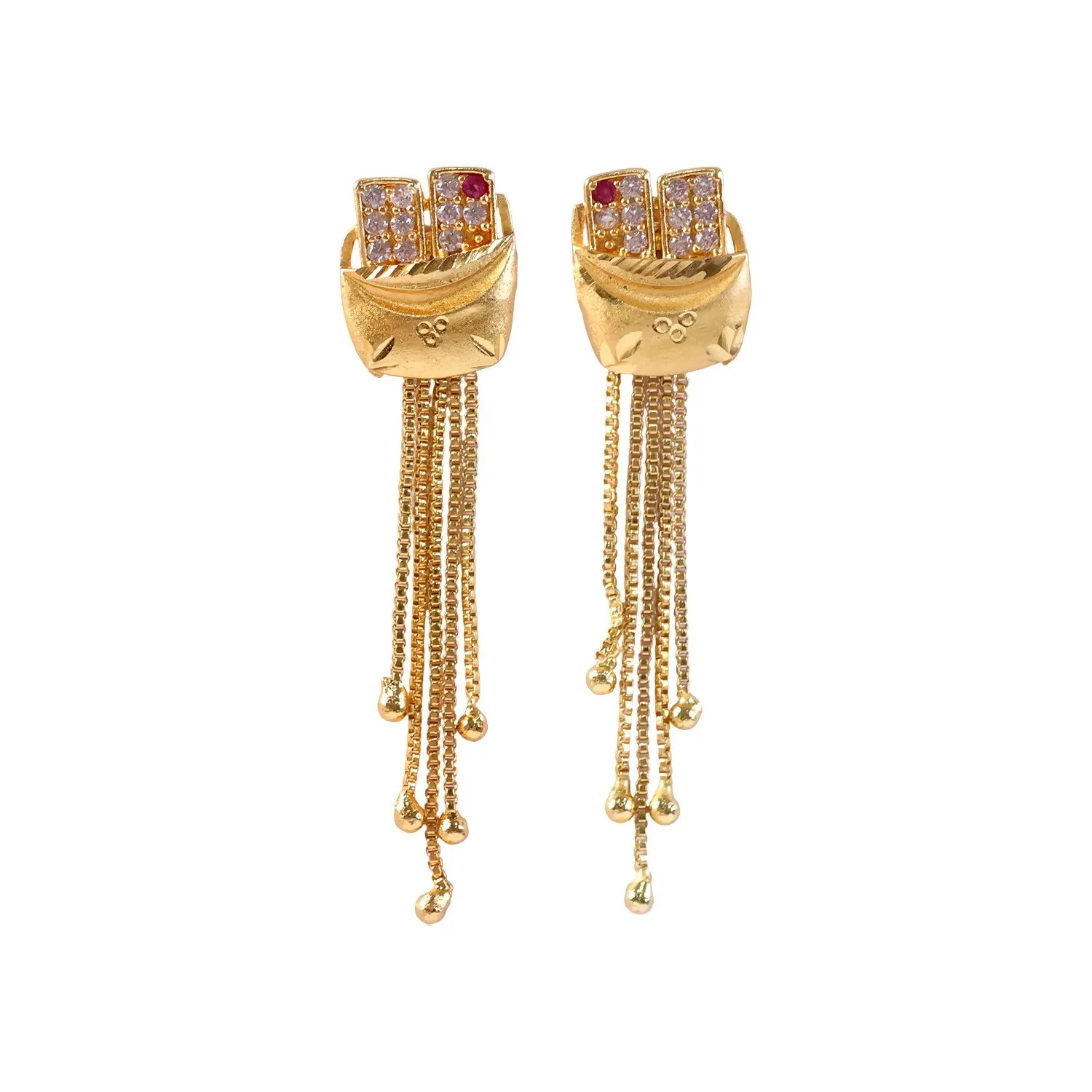 Gold Plated Boat Shape Textured Dangle Earrings with Multi Chain Tassel Drop Design - Detailed Feature View 4