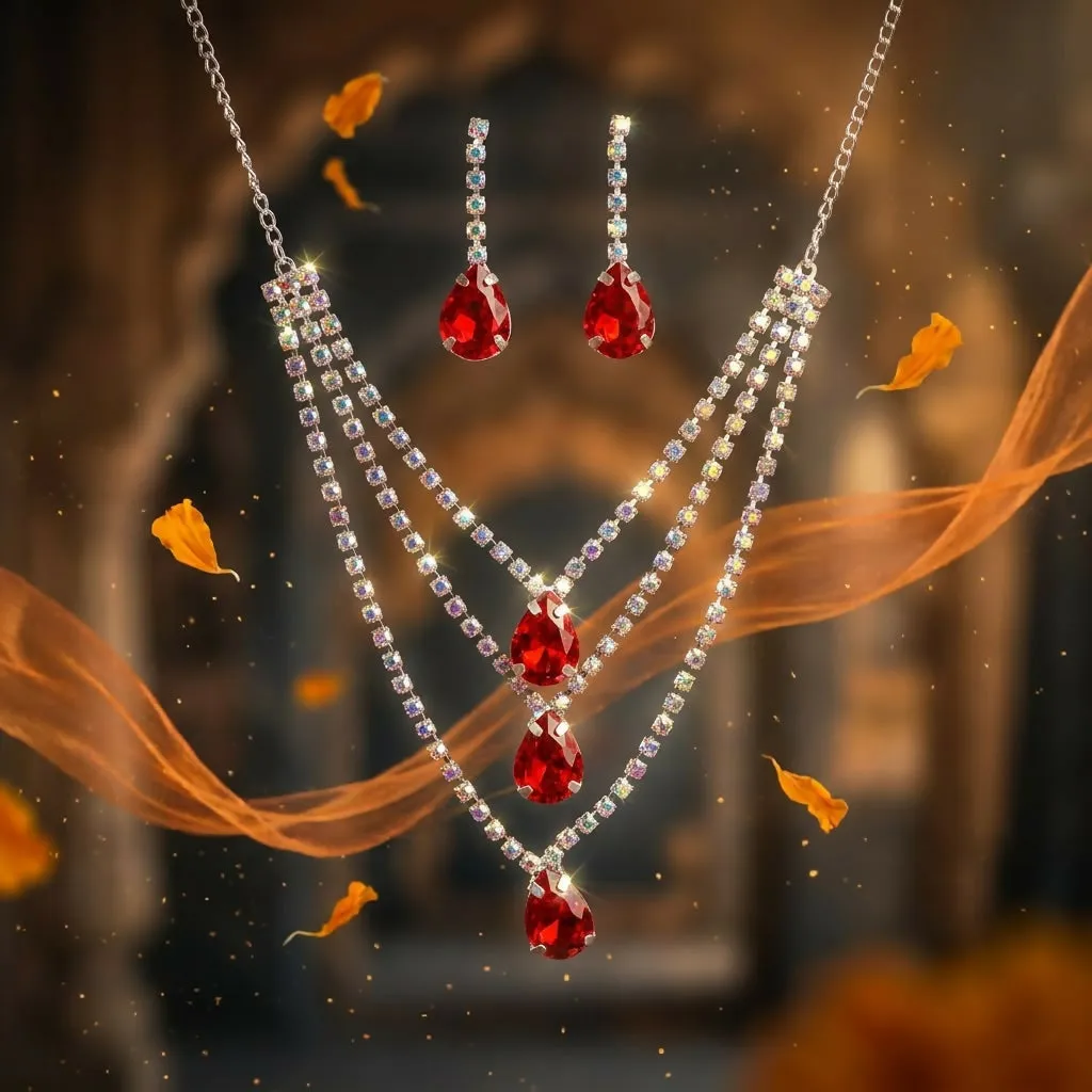 Premium Red Teardrop Crystal Layered Necklace & Earrings Set Silver Bridal Party Jewellery - Buy Online at Alikart