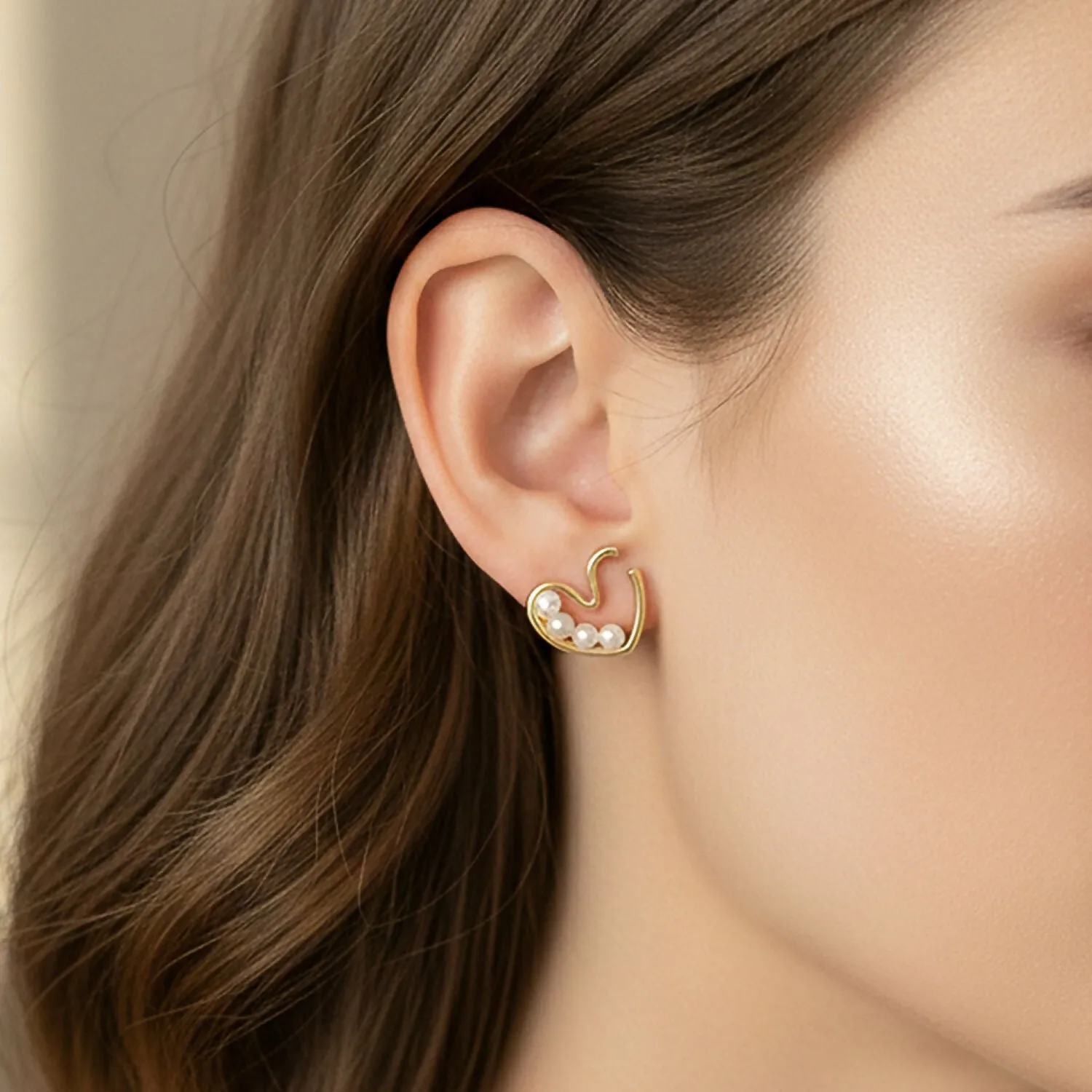 Gold Plated Swan Pearl Stud Earrings – Elegant Lightweight Jewelry - Detailed Feature View 1