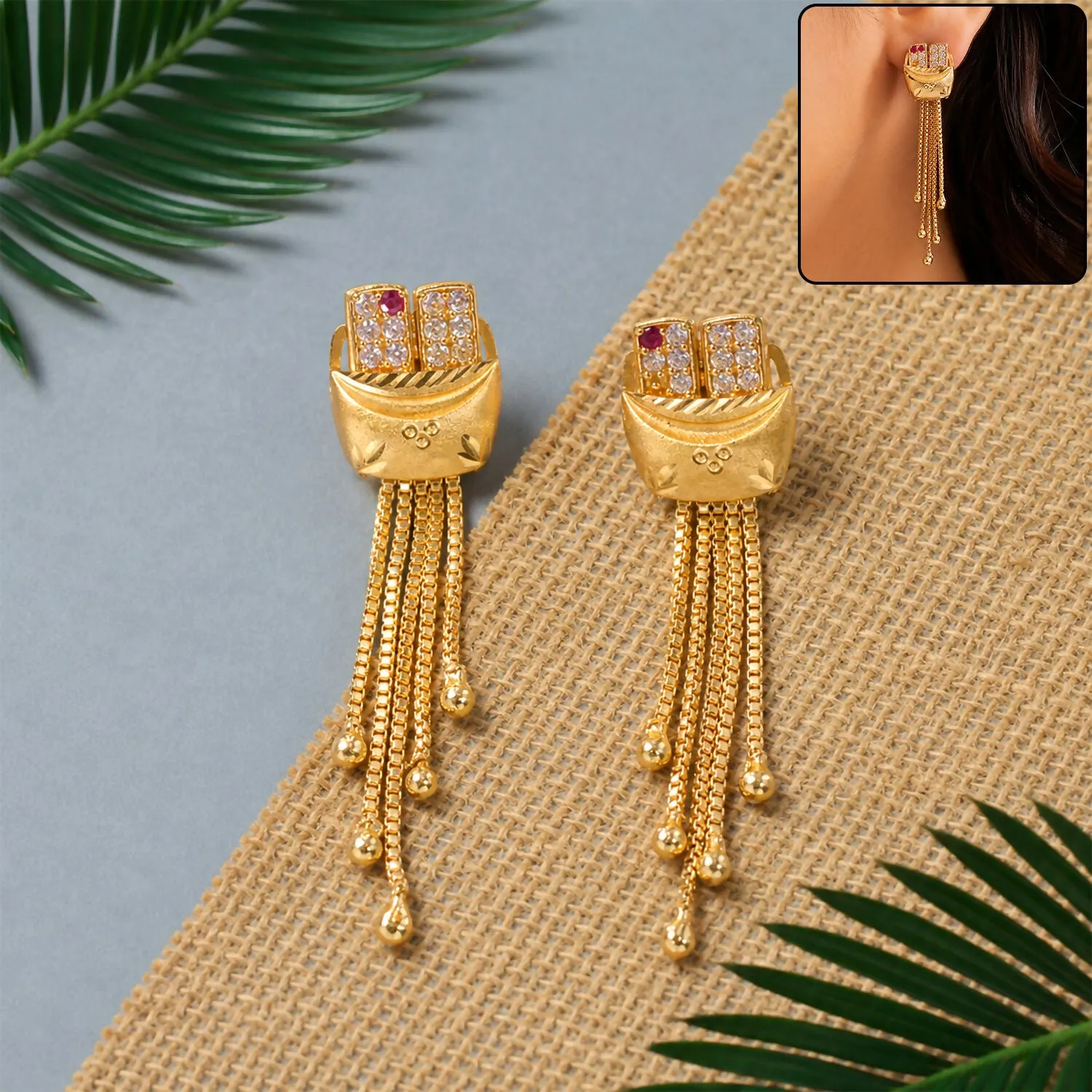 Premium Gold Plated Boat Shape Textured Dangle Earrings with Multi Chain Tassel Drop Design - Buy Online at Alikart