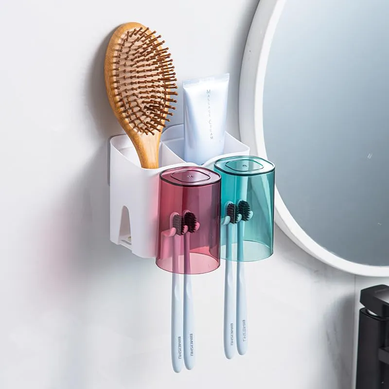 Wall Mounted Toothbrush Holder for Bathroom | Tooth Brush & Toothpaste Holder with 2 Cups - Detailed Feature View 1
