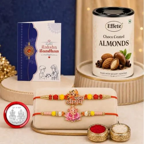 Premium Raksha Bandhan Gift Combo Shri Ram Ganesha Rakhi with Choco Almonds - Buy Online at Alikart