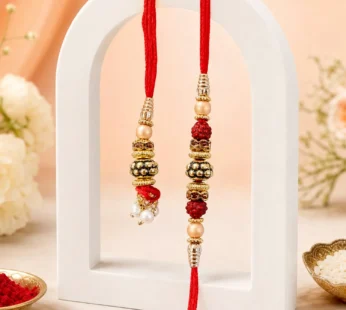 Pearl Drop Beaded Bhai Bhabhi Rakhi with Rudraksha Accents for Raksha Bandhan Gift