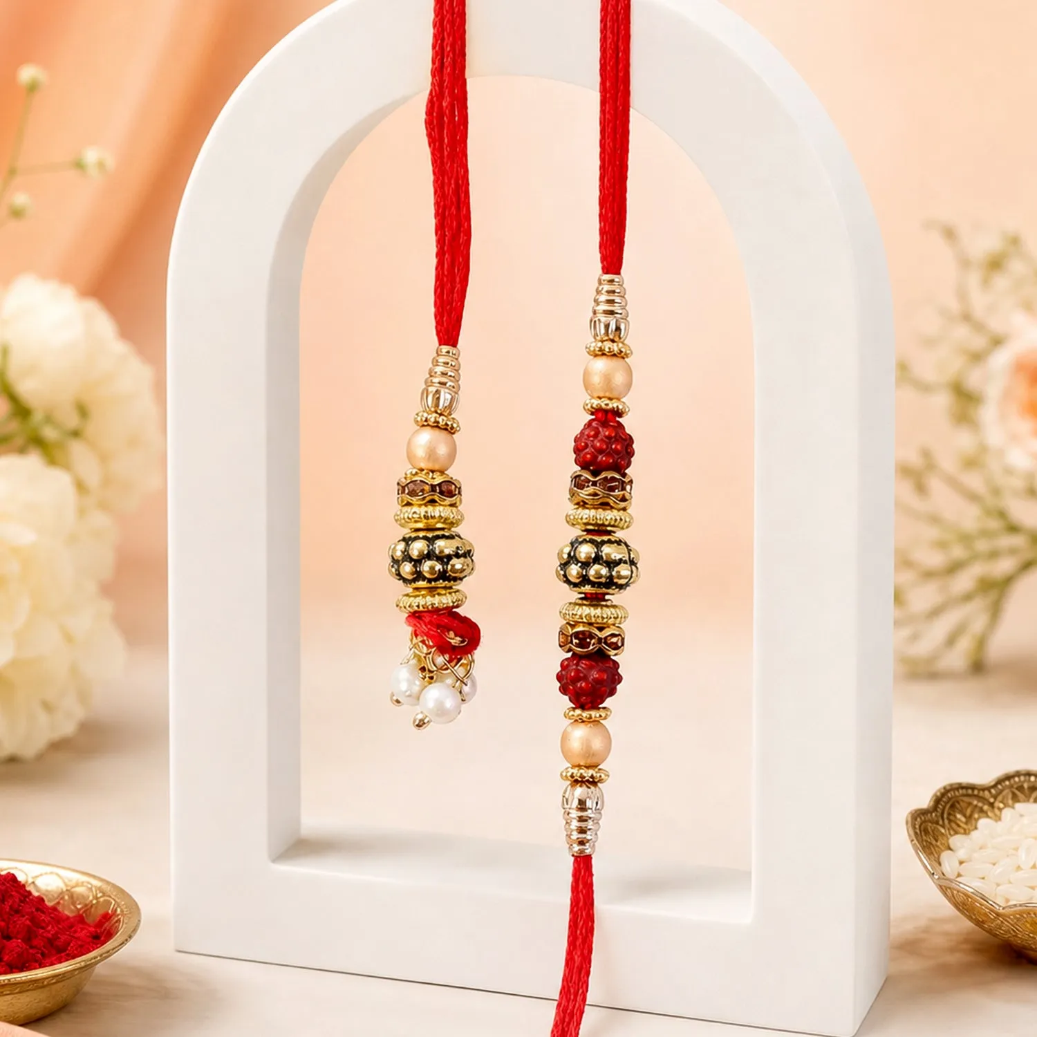 Premium Pearl Drop Beaded Bhai Bhabhi Rakhi with Rudraksha Accents for Raksha Bandhan Gift - Buy Online at Alikart