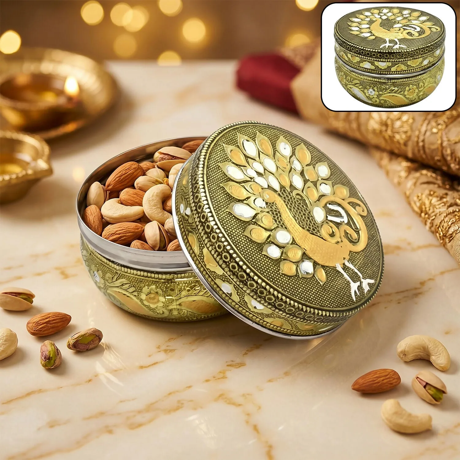 Premium Decorative Steel Storage Box – Elegant Peacock Design Lid for Home & Gifting - Buy Online at Alikart
