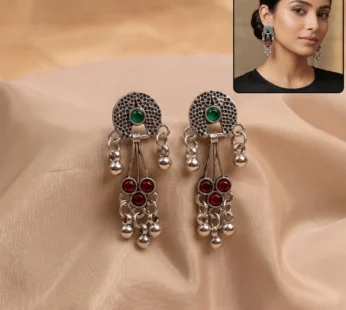 Oxidised Silver Long Drop Earrings with Green and Red Stones Ghungroo for Women Girls