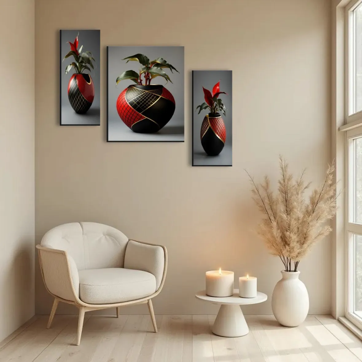 Flower Vase Wall Art – Vibrant Floral 3-Panel MDF Frame - Detailed Feature View 4